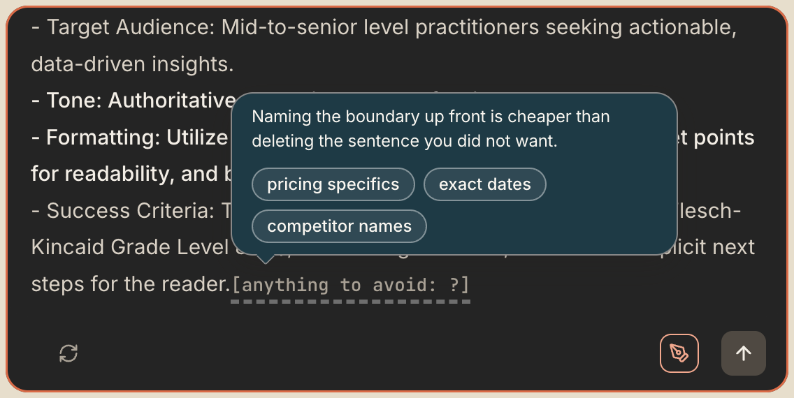The same review on a dark composer. A dashed blank at the end of the rewrite reads [anything to avoid: ?]. The open capsule says naming the boundary up front is cheaper than deleting the sentence you did not want, and offers three answers to pick: pricing specifics, exact dates, competitor names.
